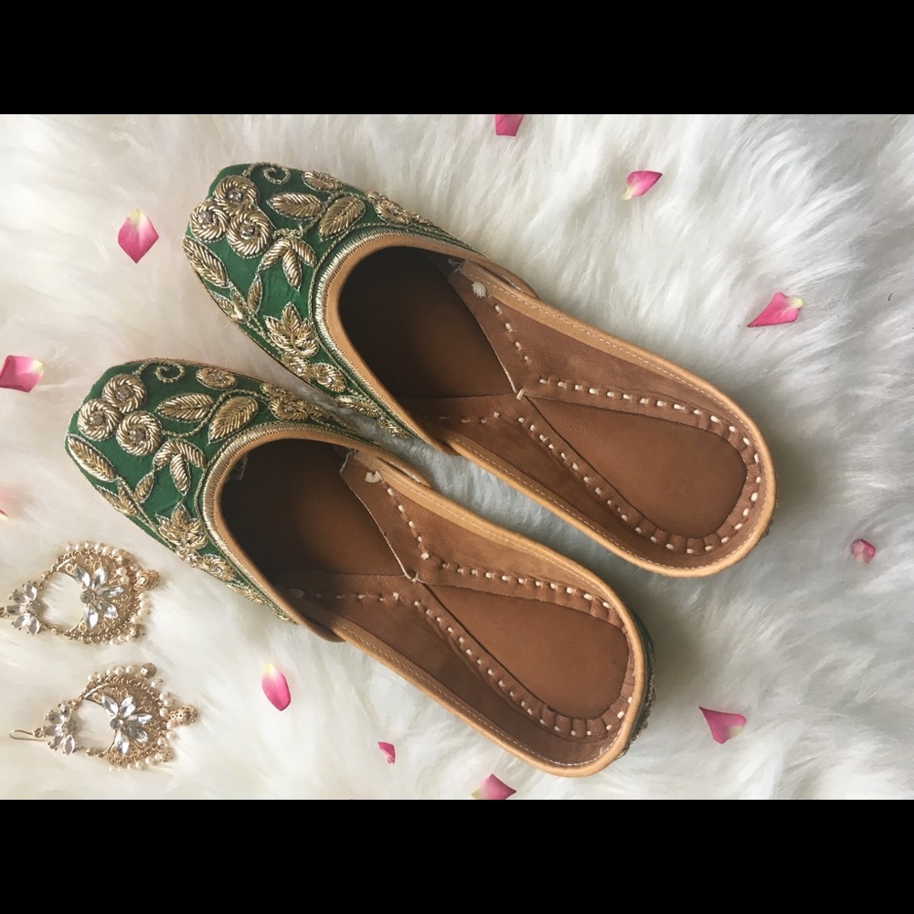 Green and gold embroidery jutti indian flat shoes